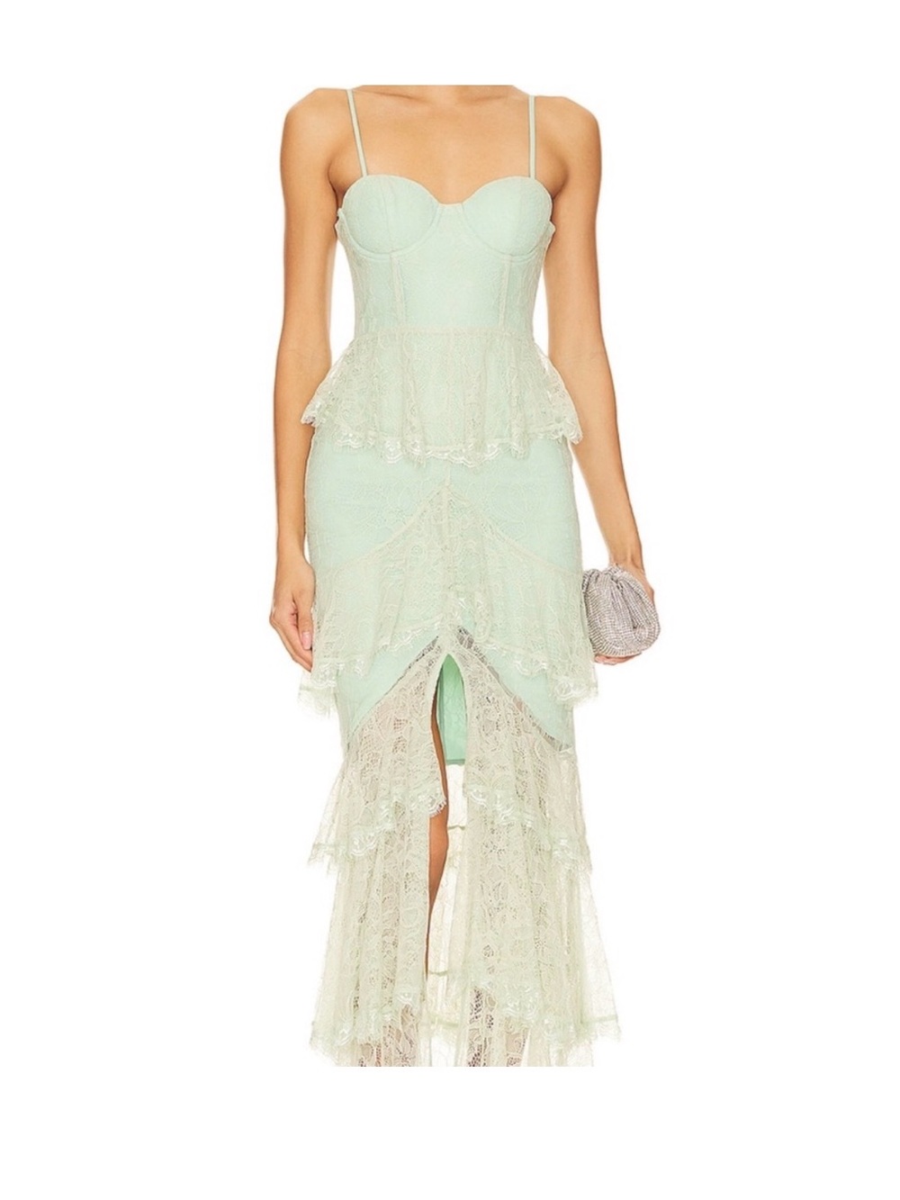 MAJORELLE ZELDA FITZ GOWN LIGHT GREEN. ORIGINALLY $350